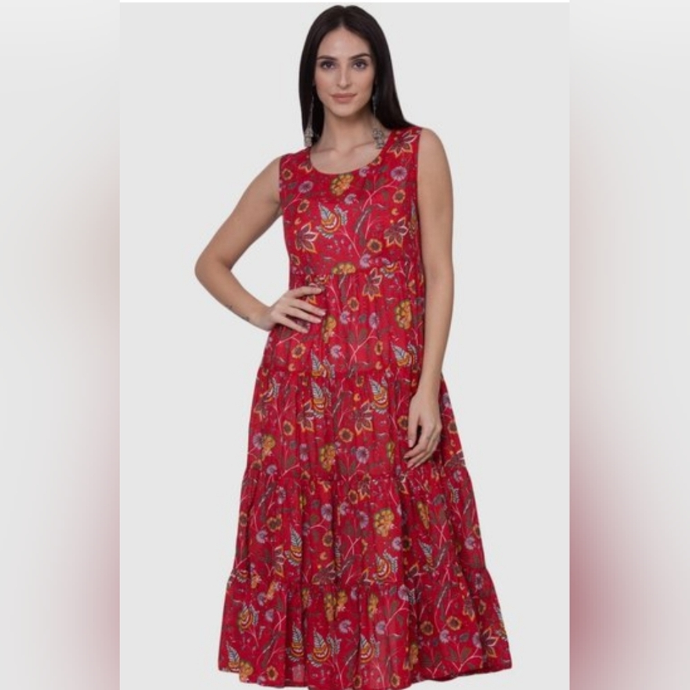 New Biba Womens Red/Blue Overlay Kurti - Phulkari Craft Print